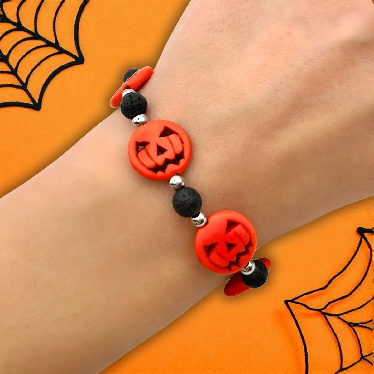 Bracelet Halloween Citrouilles & Pierres de Lave - Pierre porte - bonheur