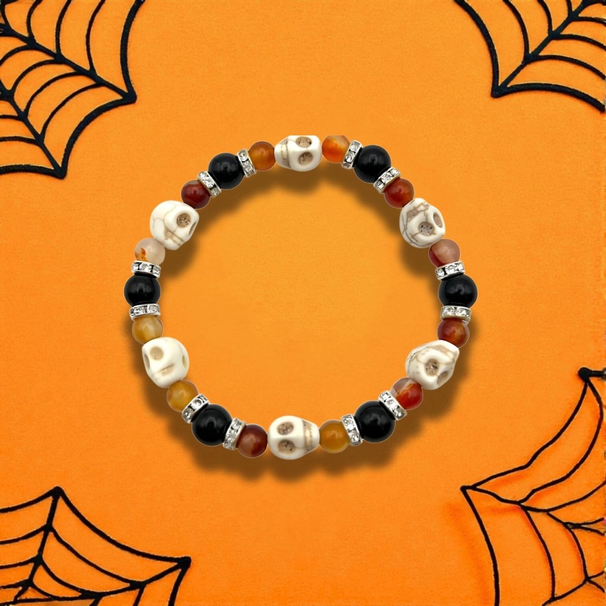 Bracelet Halloween en Agate Rouge & Onyx Noir – Perles Crânes - Pierre porte - bonheur