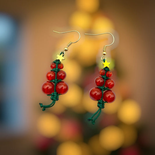 Boucles d’Oreilles Sapin de Noël en Cornaline Naturelle – Énergie et Magie des Fêtes - Pierre porte - bonheur