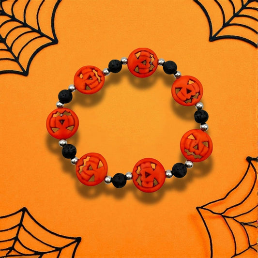Bracelet Halloween Citrouilles & Pierres de Lave - Pierre porte - bonheur