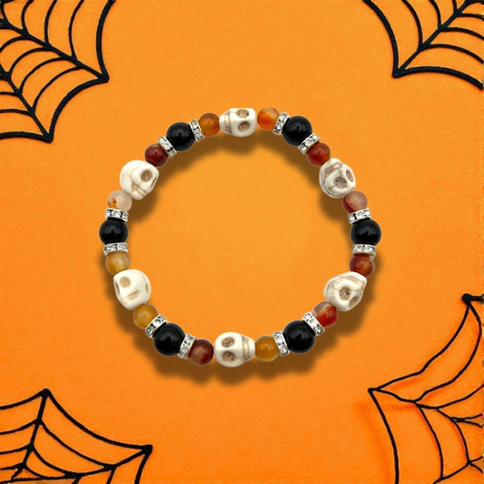 Bracelet Halloween en Agate Rouge & Onyx Noir – Perles Crânes - Pierre porte - bonheur