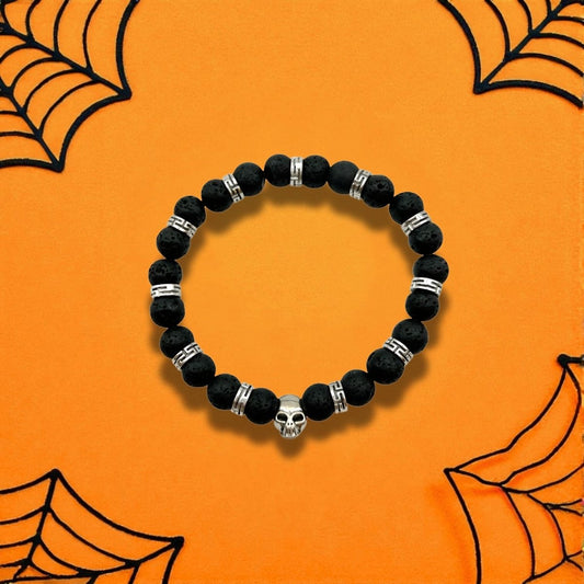 Bracelet Halloween en Pierres de Lave – Tête de Crâne Centrale - Pierre porte - bonheur