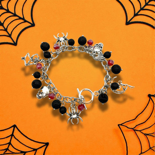 Bracelet Halloween Pierres de Lave & Décorations Métalliques - Pierre porte - bonheur