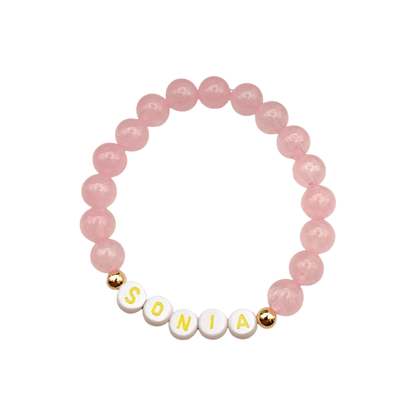 Bracelet Personnalisé en Quartz Rose Naturel – Votre Prénom ou Message Unique - Pierre porte - bonheur