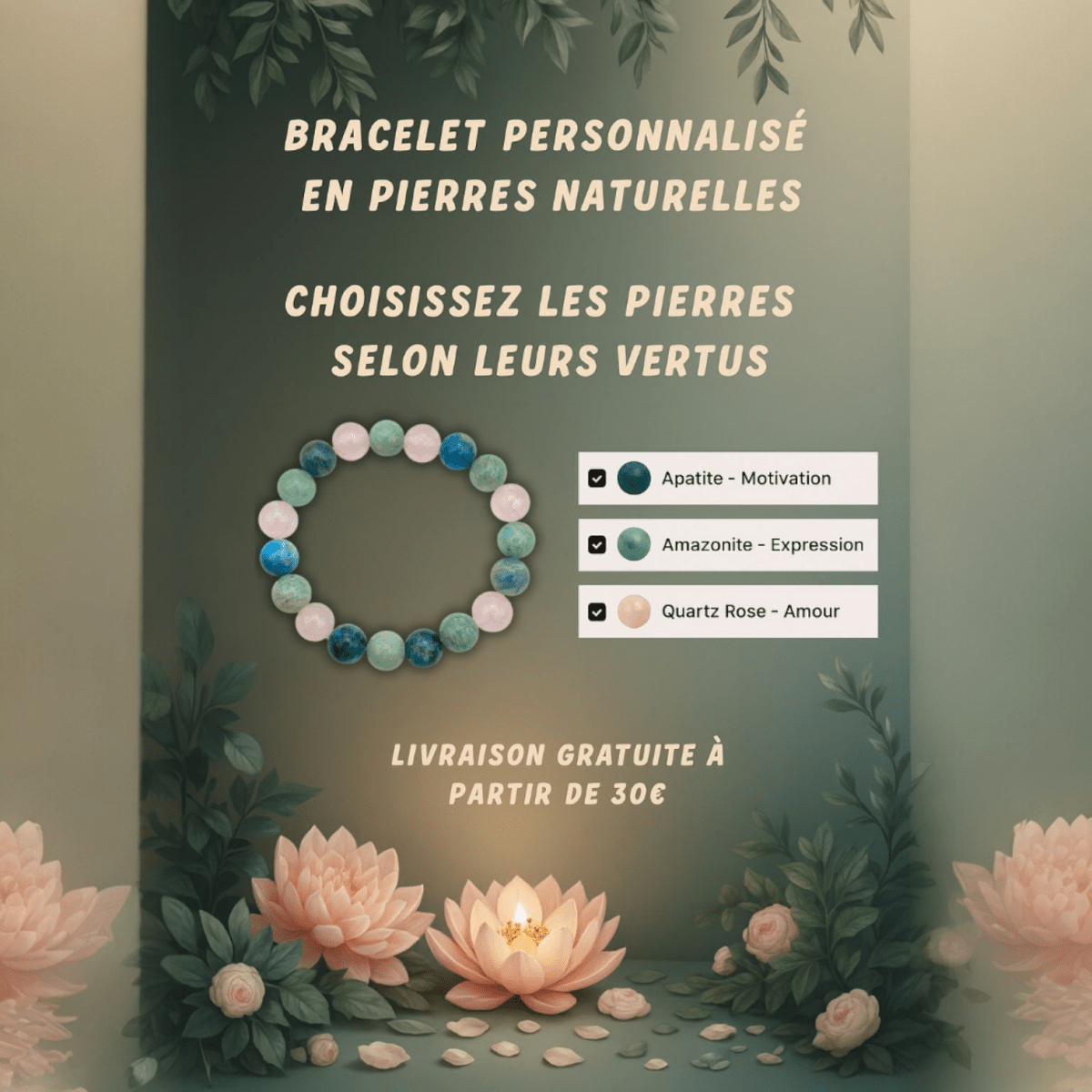 Bracelet personnalisé - Pierres 100% Naturelles - Pierre porte - bonheur