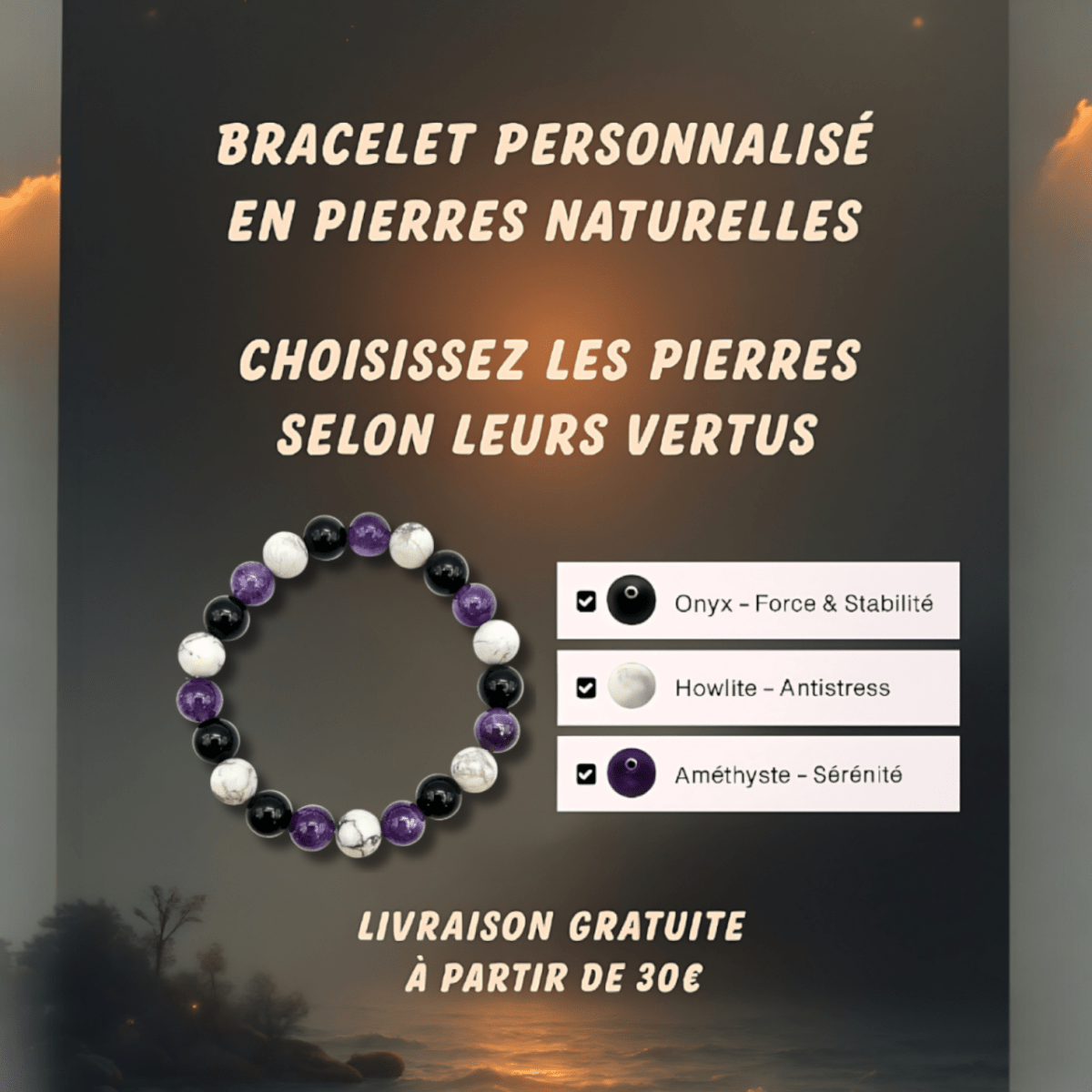 Bracelet personnalisé - Pierres 100% Naturelles - Pierre porte - bonheur
