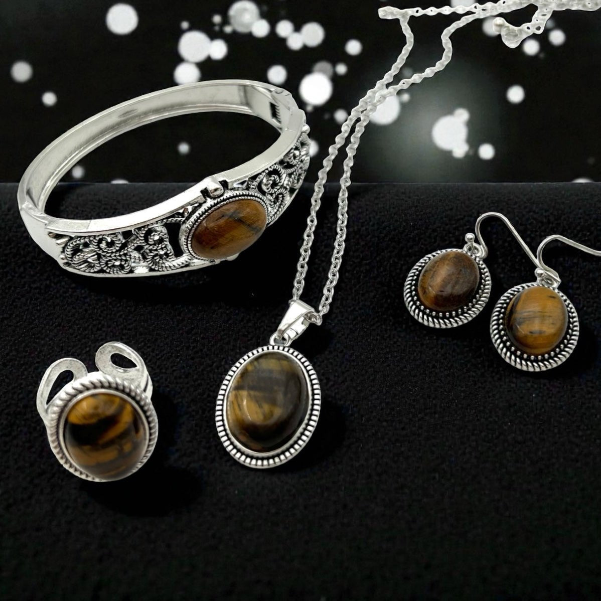 Coffret Cadeau Œil de Tigre – Bague, Bracelet, Collier, Boucles d’Oreilles - Pierre porte - bonheur