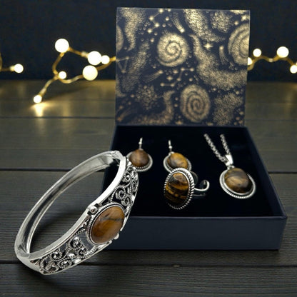 Coffret Cadeau Œil de Tigre – Bague, Bracelet, Collier, Boucles d’Oreilles - Pierre porte - bonheur