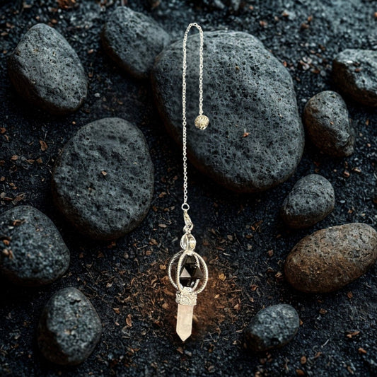 Pendule Divinatoire en Cristal de Quartz et Agate Noire - Pierre porte - bonheur
