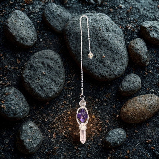Pendule Divinatoire en Cristal de Quartz et Améthyste - Pierre porte - bonheur